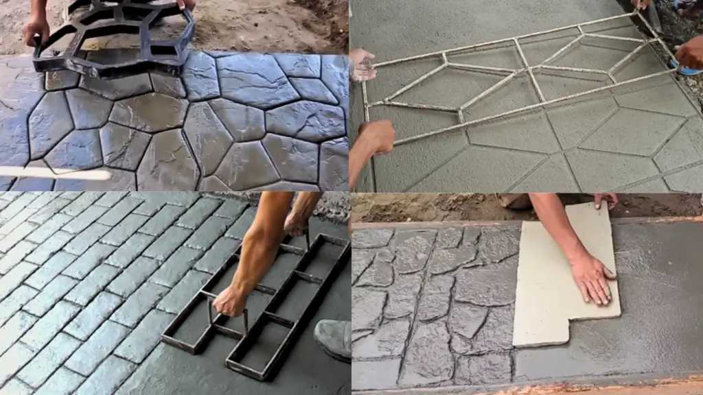 A worker from Northland Concrete Services placing a textured stamp on fresh concrete to achieve a detailed and stylish stamped concrete surface.