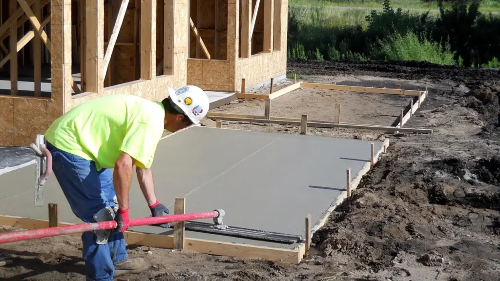 A worker leveling a concrete foundation for a home build. Northland Concrete Services provides strong and reliable foundations.